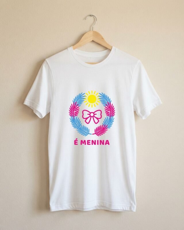 Camiseta Chá Revelação É Menina Laço Tropicália Unissex 100% Algodão: peça no cabide