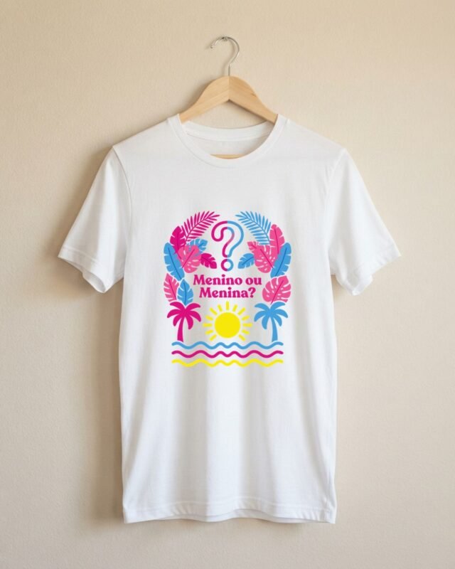 Camiseta Chá Revelação Menino ou Menina? Tropicália Unissex 100% Algodão: peça no cabide