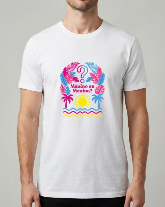 Camiseta Chá Revelação Menino ou Menina? Tropicália Unissex 100% Algodão, vestida em modelo masculino