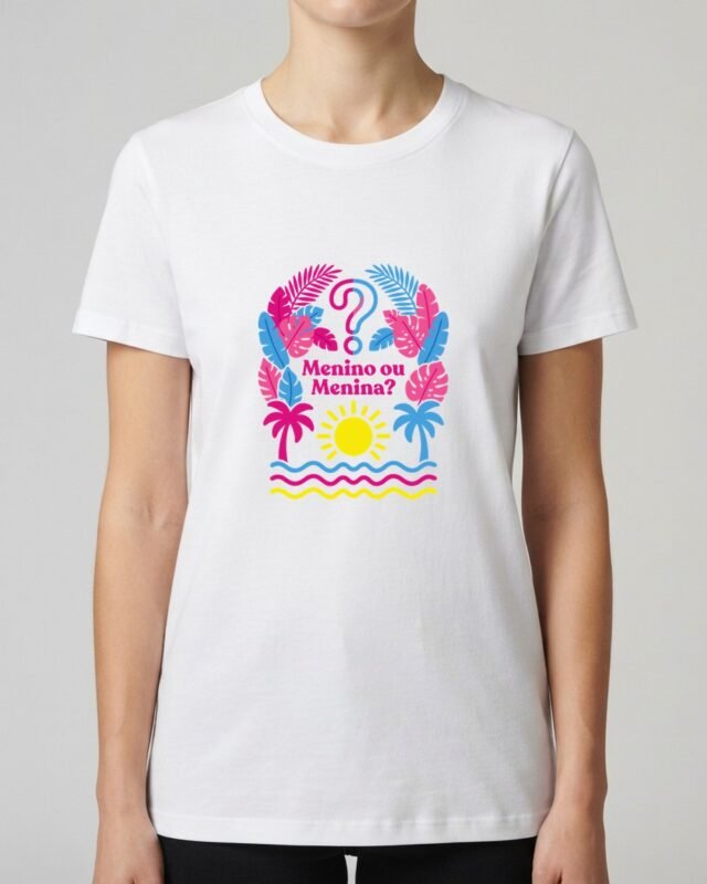 Camiseta Chá Revelação Menino ou Menina? Tropicália Unissex 100% Algodão, vestida em modelo feminina