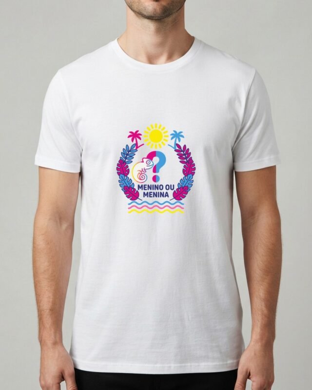 Camiseta Menino ou Menina? Chá Revelação Camaleão Unissex 100% Algodão, vestida em modelo masculino