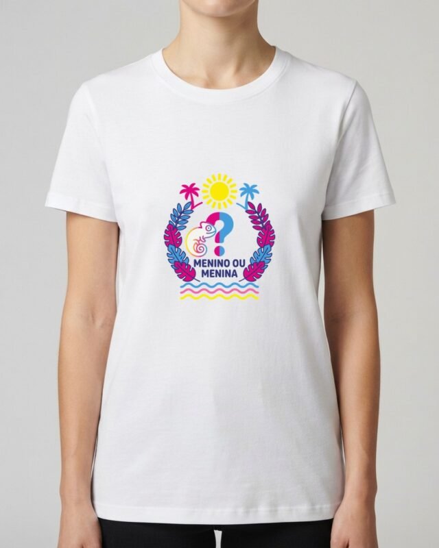 Camiseta Menino ou Menina? Chá Revelação Camaleão Unissex 100% Algodão, vestida em modelo feminina