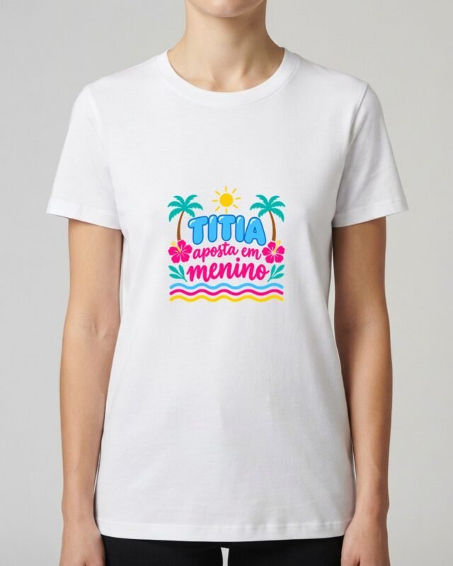 Camiseta Titia Aposta em Menino Chá Revelação Unissex 100% Algodão, vestida em modelo