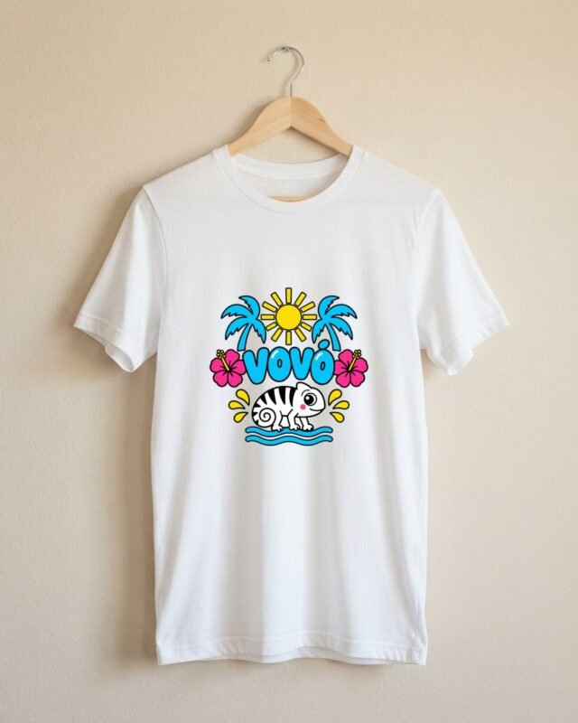 Camiseta Vovó Chá Revelação em Família Tropicália Camaleão Unissex 100% Algodão: peça no cabide
