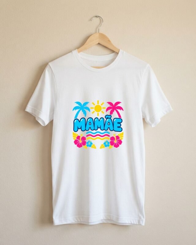 Camiseta Mamãe Chá Revelação Tropicália Unissex 100% Algodão: peça no cabide