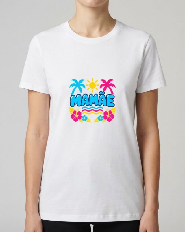 Camiseta Mamãe Chá Revelação Tropicália Unissex 100% Algodão, vestida em modelo