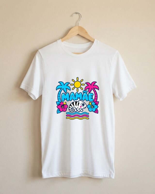 Camiseta Mamãe Chá Revelação Tropicália Camaleão Unissex 100% Algodão: peça no cabide