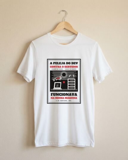 Camiseta Funcionava na Minha Máquina Cordel A Peleja do Dev contra o Servidor Programador Camaleão Unissex 100% Algodão