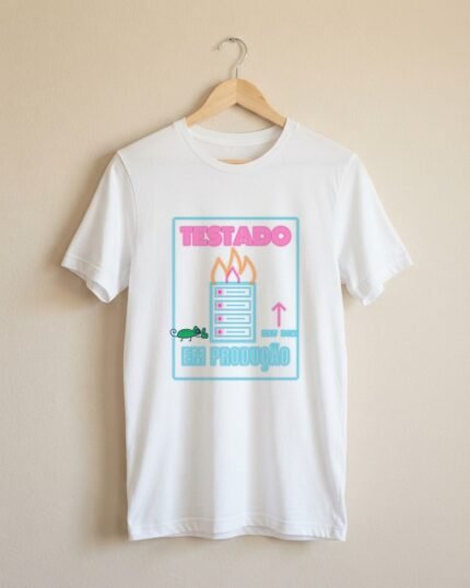 Camiseta Testado em Produção Letreiro Neon Servidor Pegando Fogo Programador Camaleão Unissex 100% Algodão