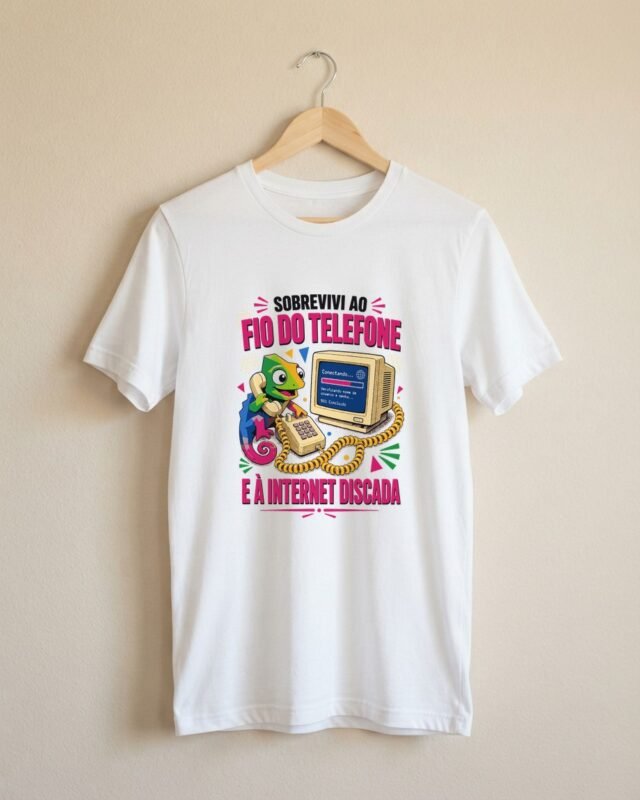 Camiseta Sobrevivi ao Fio do Telefone Camaleão Nostalgia Unissex 100% Algodão: peça no cabide