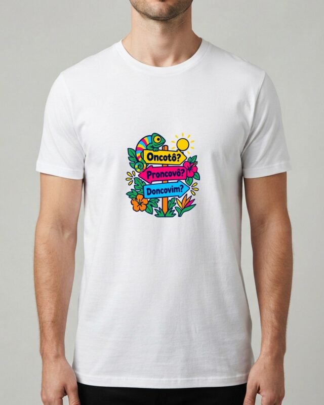 Camiseta Oncotô? Proncovô? Doncovim? Camaleão Unissex 100% Algodão, vestida em modelo masculino