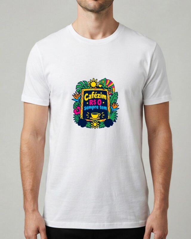Camiseta Cafézim Sempre Tem Camaleão Mineirês Unissex 100% Algodão, vestida em modelo masculino