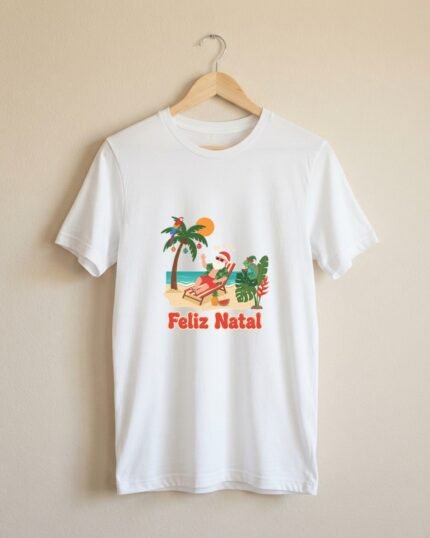Camiseta Papai Noel na Praia Feliz Natal Tropicália Unissex 100% Algodão