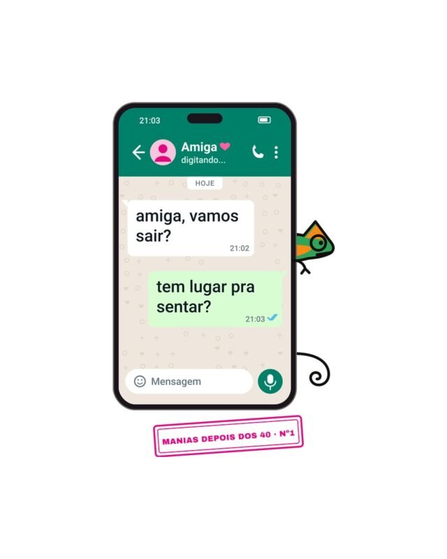 Camiseta Amiga Vamos Sair? Tem Lugar pra Sentar? WhatsApp Manias Depois dos 40 Camaleão Unissex 100% Algodão, foto 4